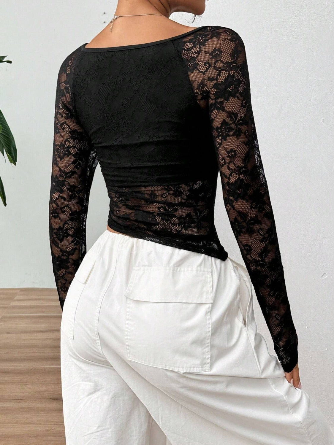 Square Neck Long Sleeve Lace Top - Classique Collection
