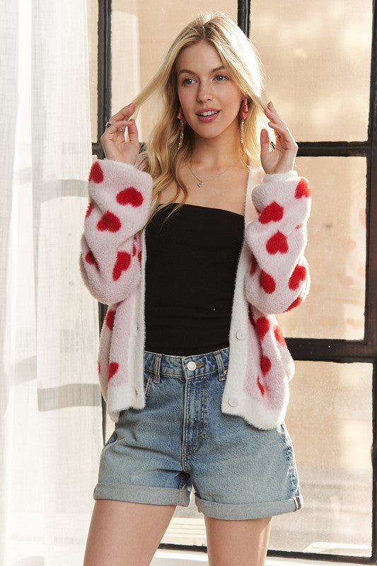 ADORA Fuzzy Heart Button Down Cardigan - ClassiQ
