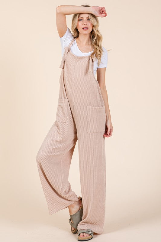 BOMBOM Knot Straps Wide Leg Ribbed Overalls with Pockets - ClassiQ