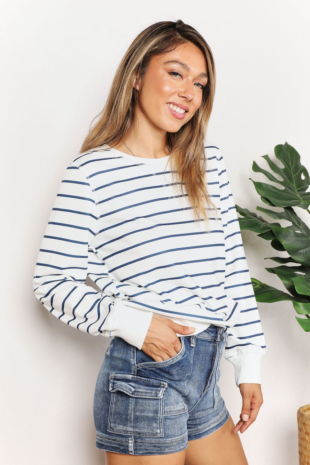 Double Take Striped Long Sleeve Round Neck Top - ClassiQ