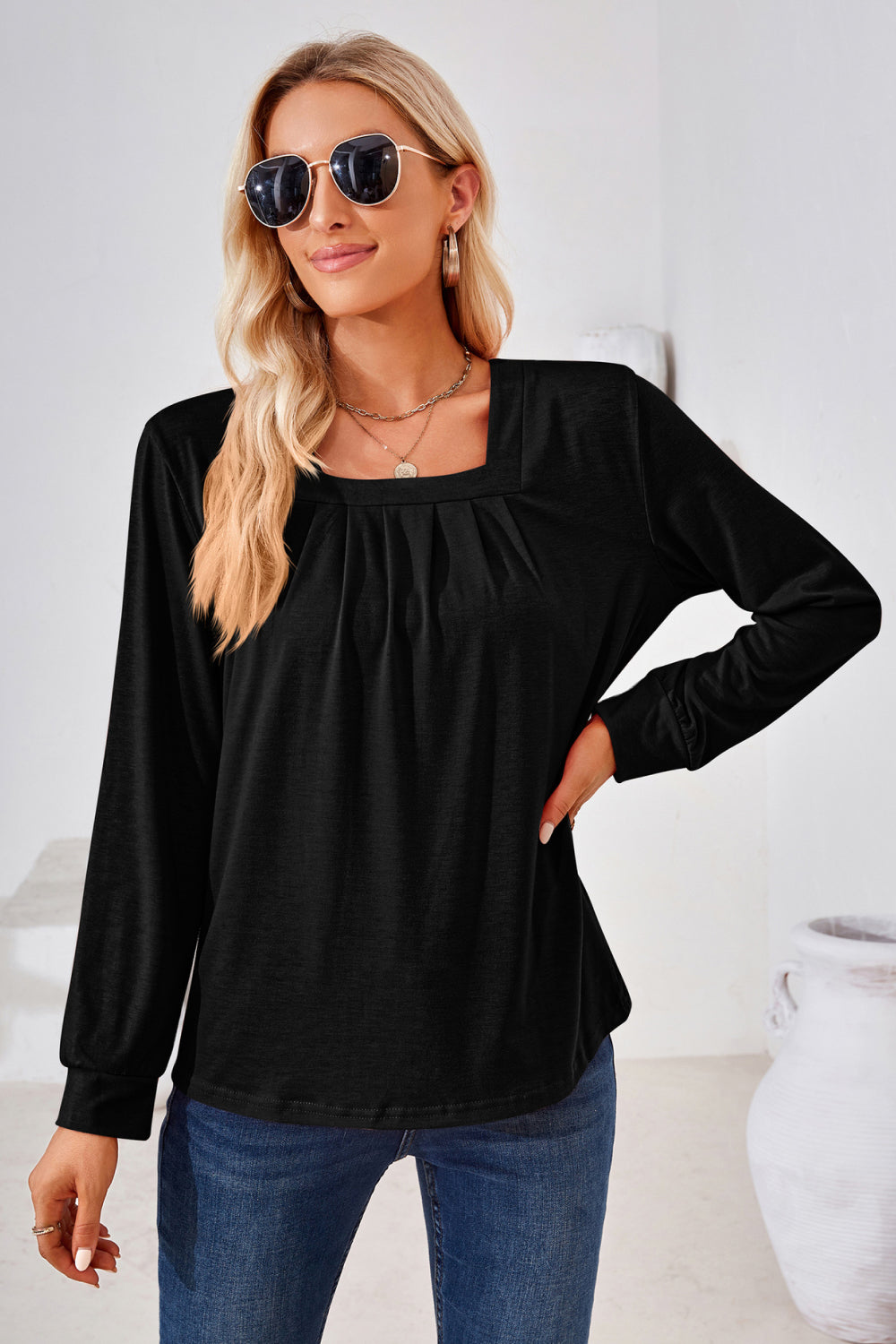 Square Neck Ruched Long Sleeve Blouse - Classique Collection