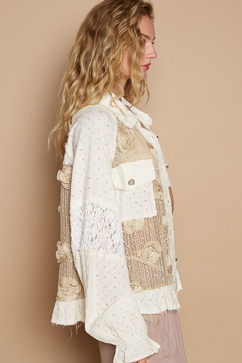 POL Eyelet Flower Pearl Detail Lace Patchwork Shirt - Classique Collection