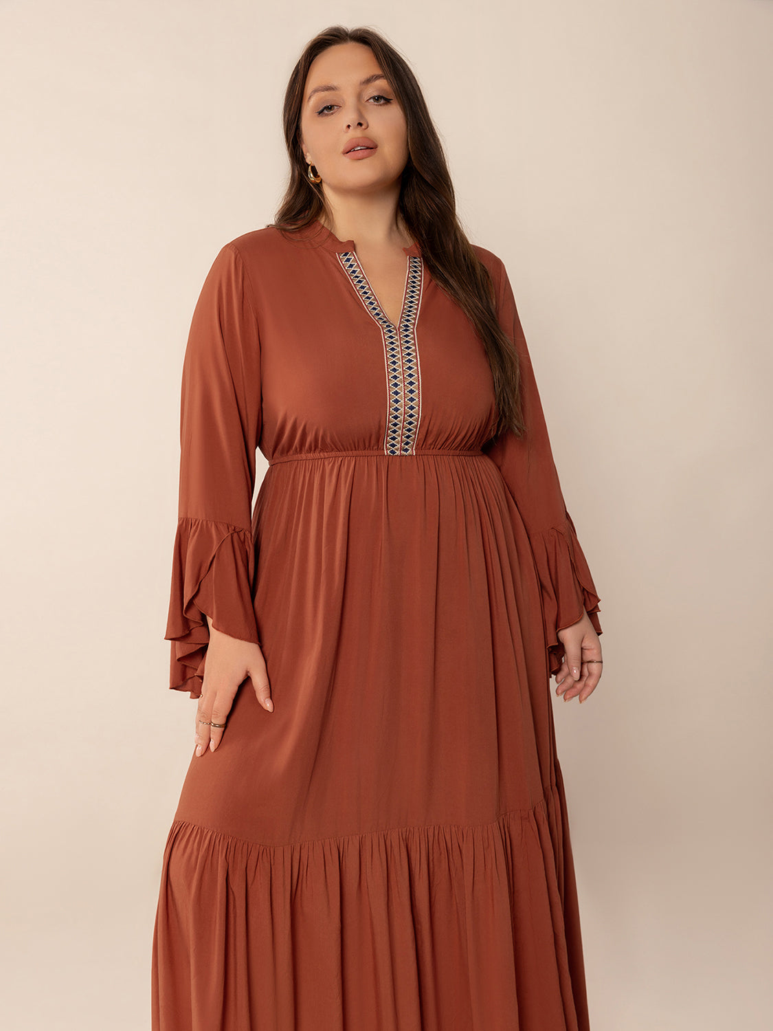Plus Size Ruffled Notched Long Sleeve Midi Dress - Classique Collection