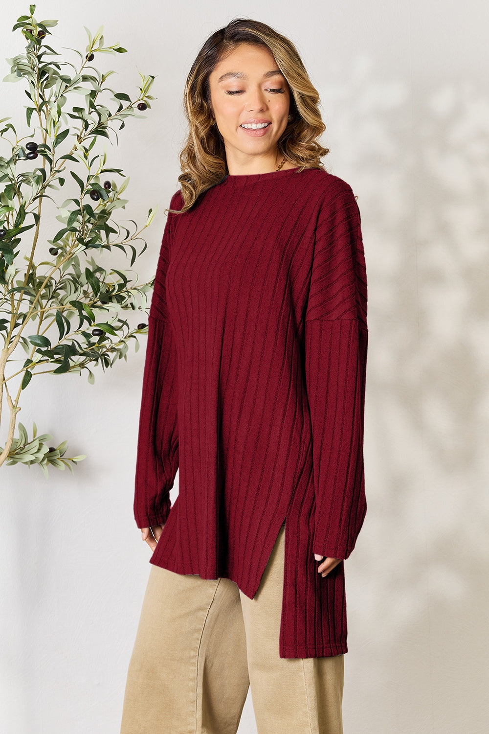 Basic Bae Full Size Ribbed Round Neck Long Sleeve Slit Top - Classique Collection