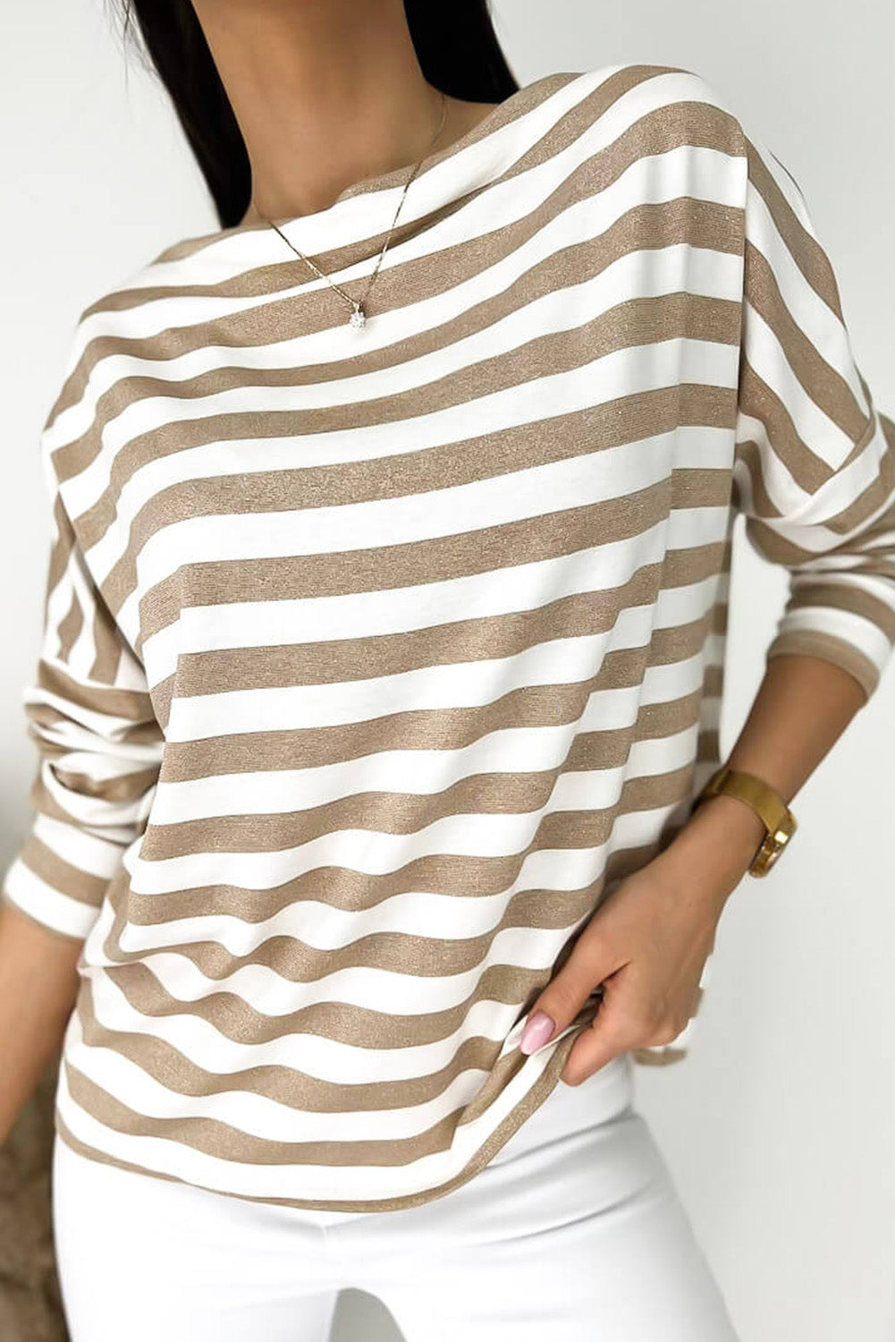 Striped Round Neck Long Sleeve Blouse - ClassiQ