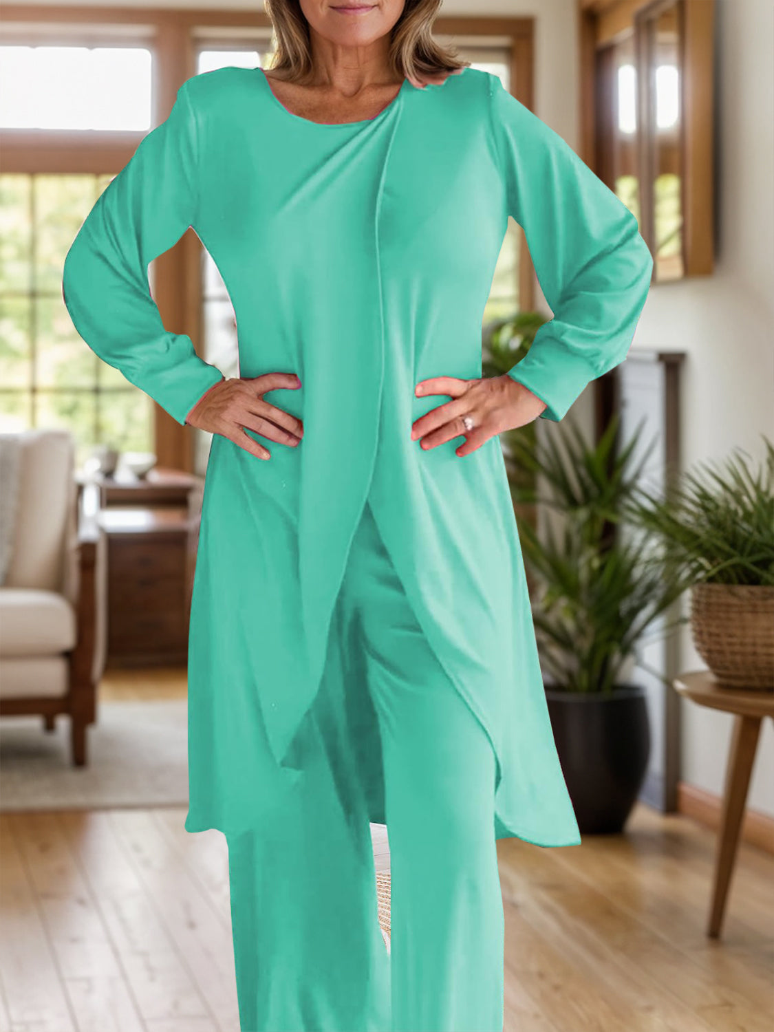 Full Size Slit Round Neck Long Sleeve Top and Pants Set - ClassiQ