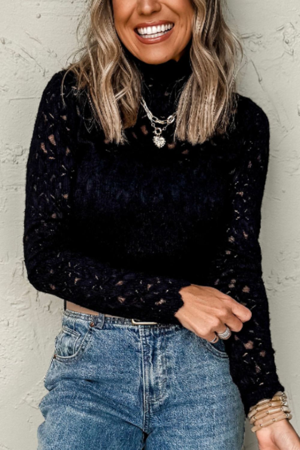 Crochet Turtleneck Long Sleeve Top - Classique Collection