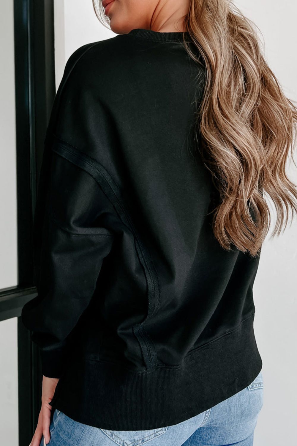 Side Slit Round Neck Long Sleeve Sweatshirt - Classique Collection