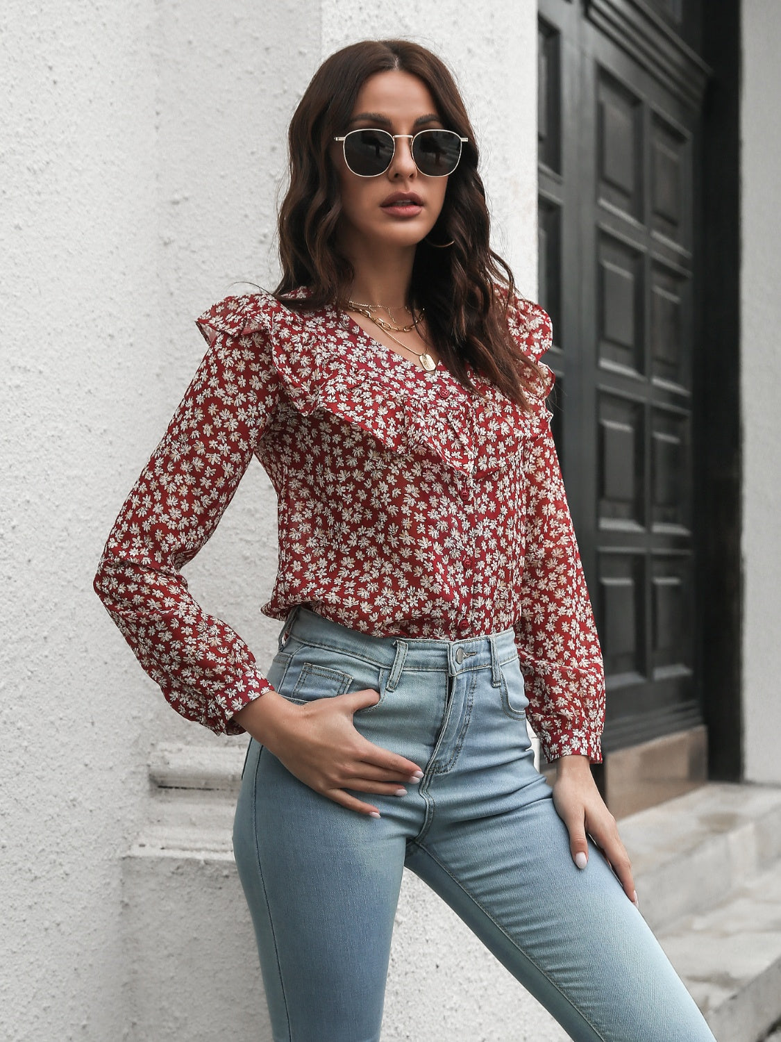 Printed Statement Collar Long Sleeve Blouse - Classique Collection