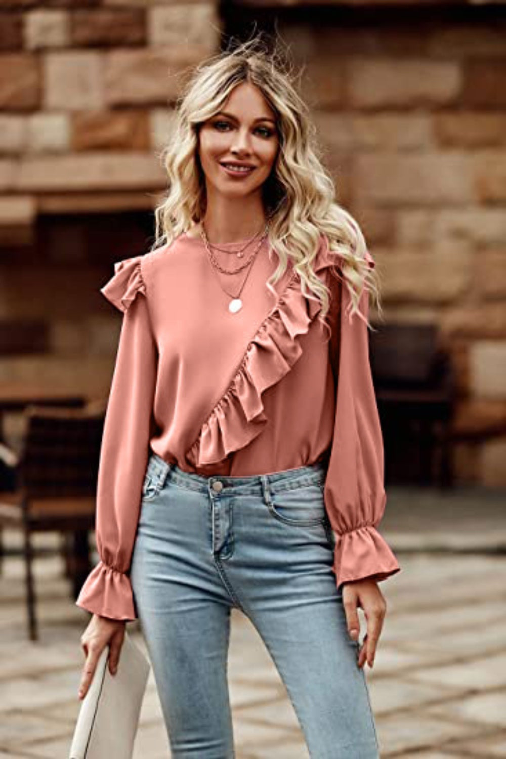 Ruffled Round Neck Long Sleeve Top - Classique Collection