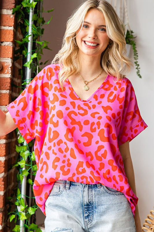 First Love Leopard V-Neck Short Sleeve Woven Top - ClassiQ