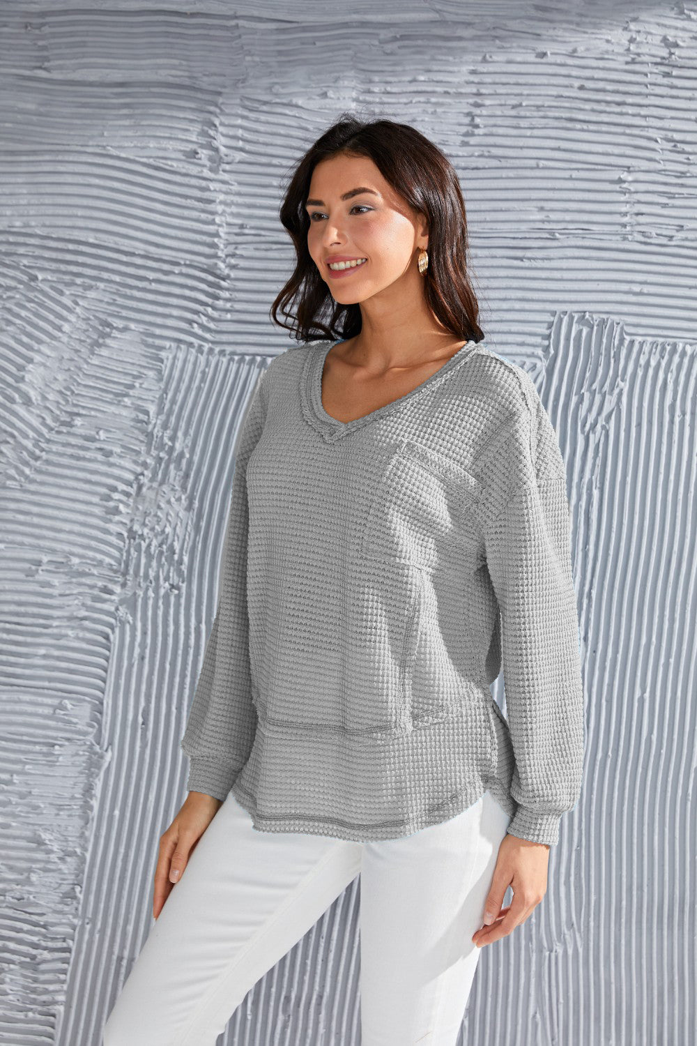 Waffle-Knit V-Neck Blouse with Breast Pocket - Classique Collection
