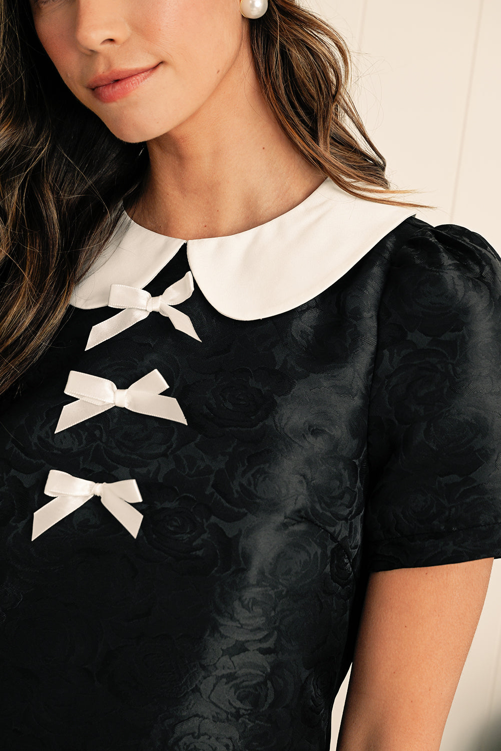 Black Elegant Floral Bow Detail Puff Sleeve Mini Dress - ClassiQ