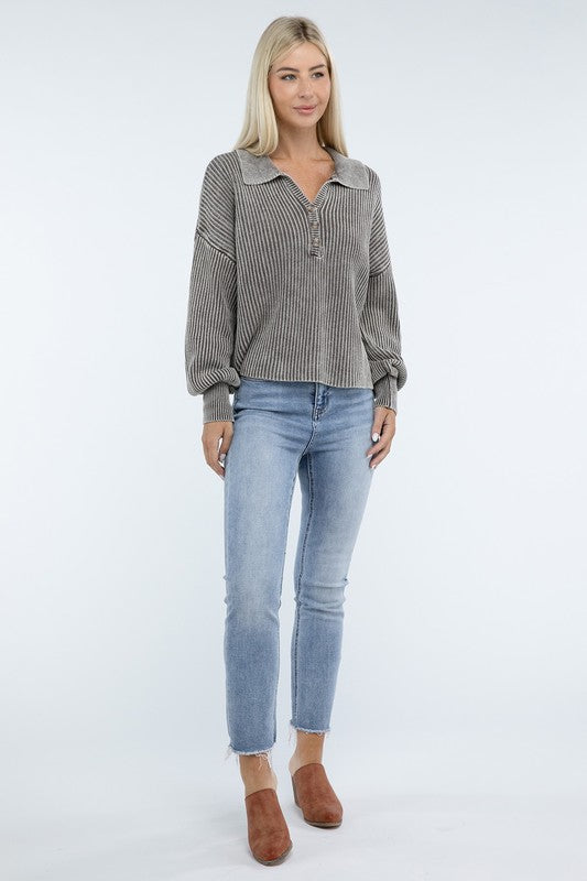 Washed Collared Henley Sweater - Classique Collection