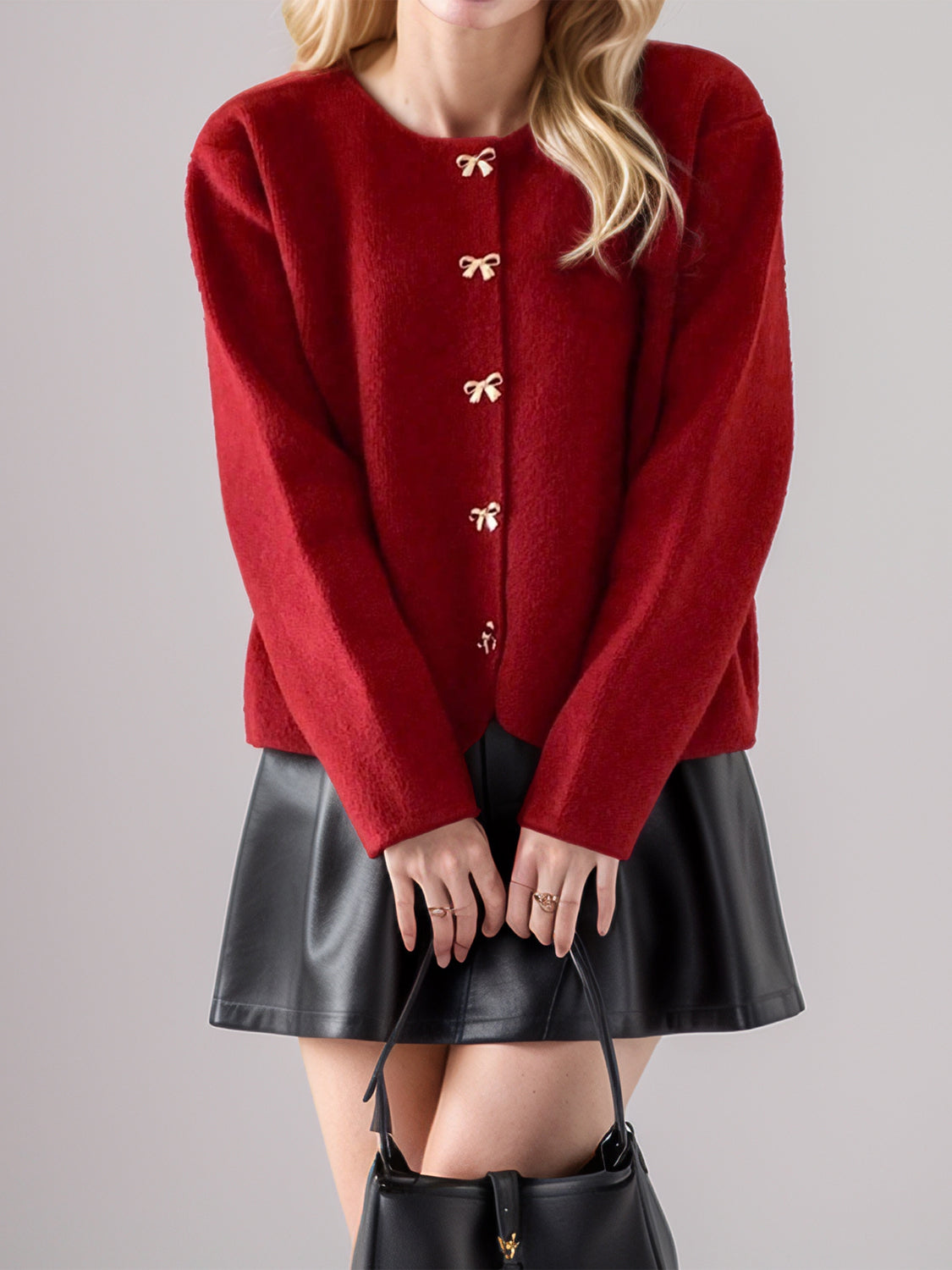 Bow Button Down Round Neck Long Sleeve Cardigan - Classique Collection