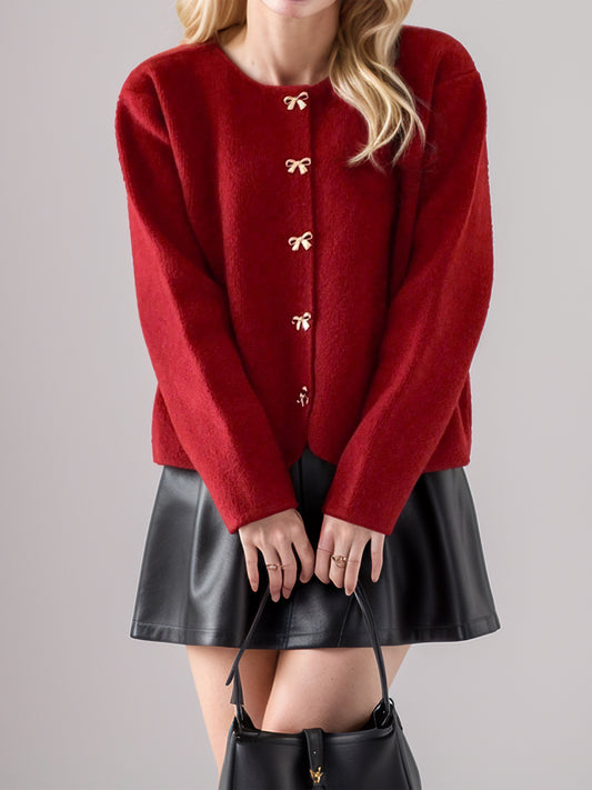 Bow Button Down Round Neck Long Sleeve Cardigan - Classique Collection