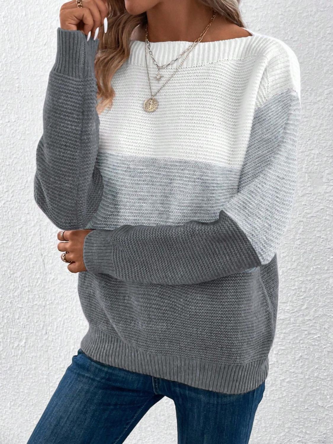 Color Block Boat Neck Sweater - ClassiQ