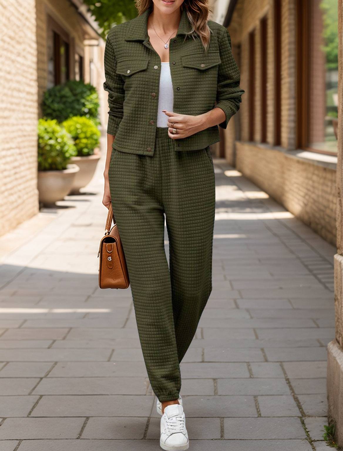 Plaid Texture Snap Down Top and Pants Set - ClassiQ