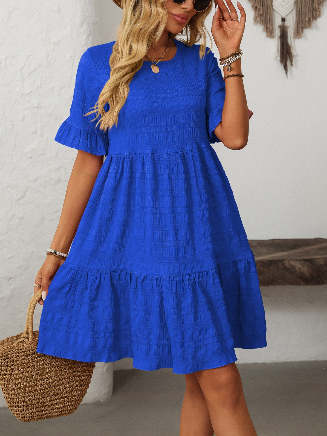 Mandy Ruffled Ruched Round Neck Half Sleeve Dress - Classique Collection