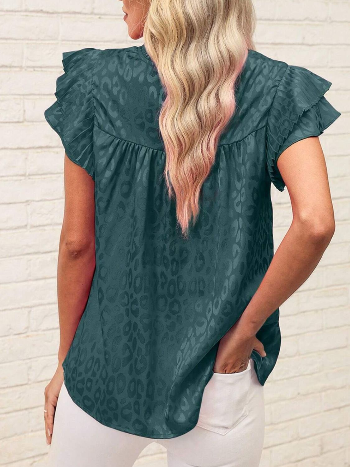 Leopard Frill Mock Neck Ruffled Cap Sleeve Top - Classique Collection