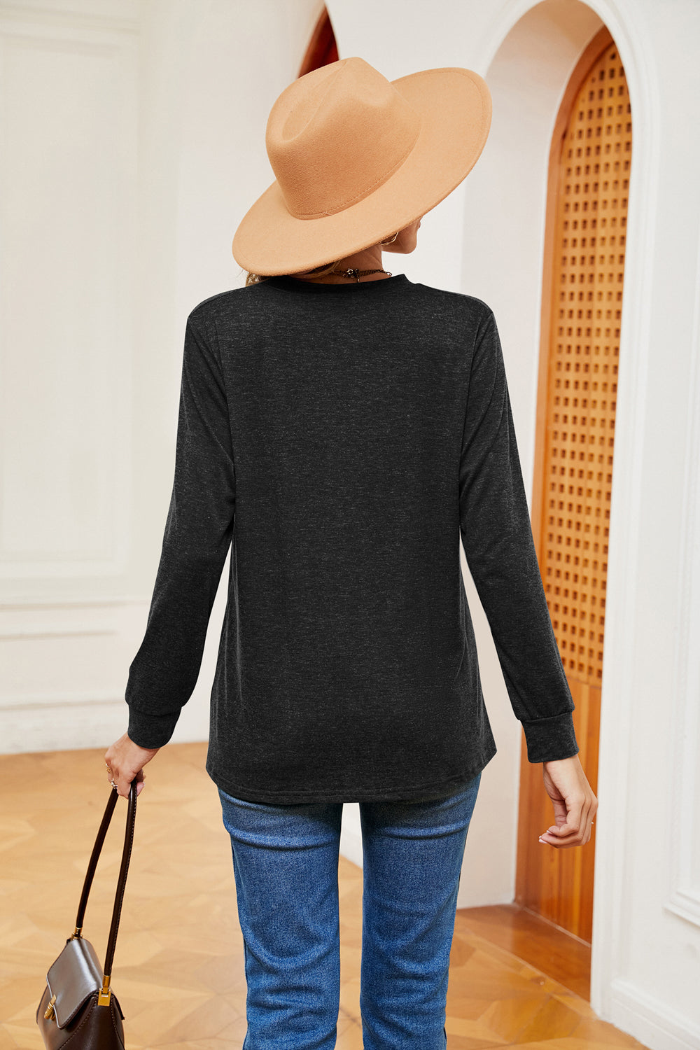 Buttoned Notched Neck Long Sleeve Top - Classique Collection