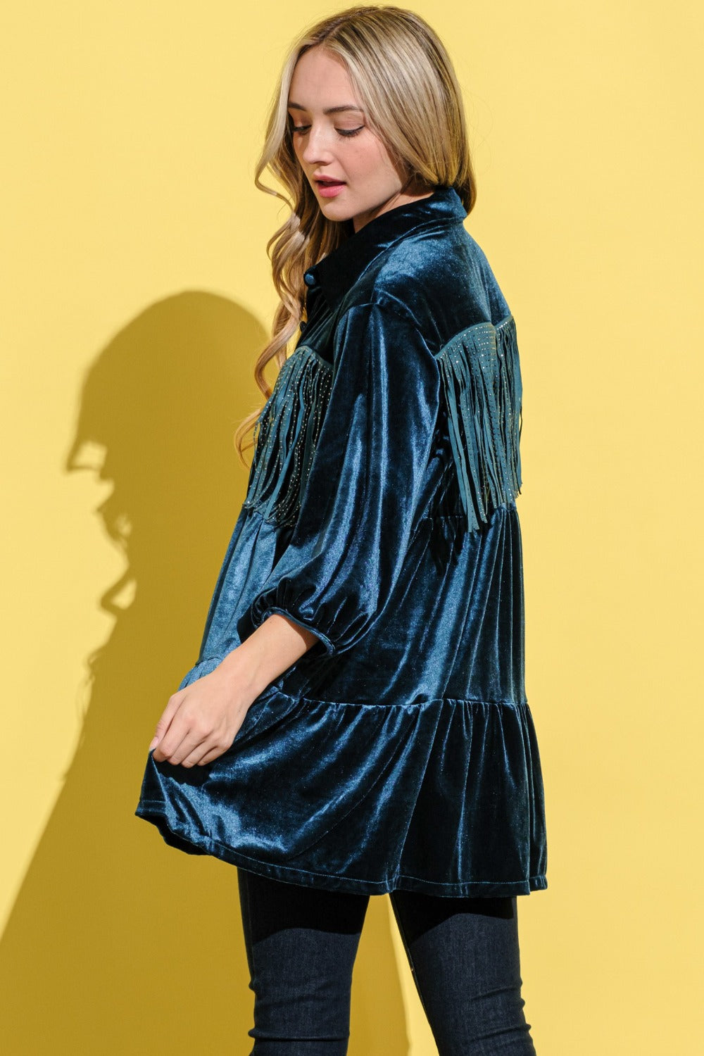 And The Why Fringe Detailed Velvet Shirt Dress - Classique Collection