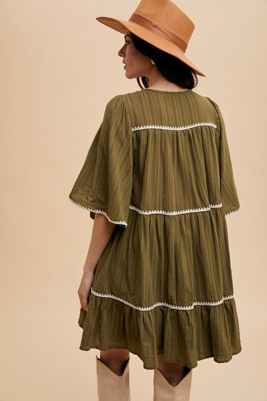 Annie Wear Tassel Contrast Trim Tie Neck Half Sleeve Tiered Dress - ClassiQ