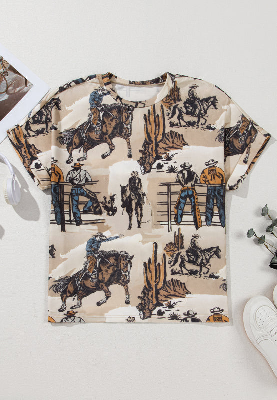 Cowboy Print Round Neck Short Sleeve T Shirt - Classique Collection