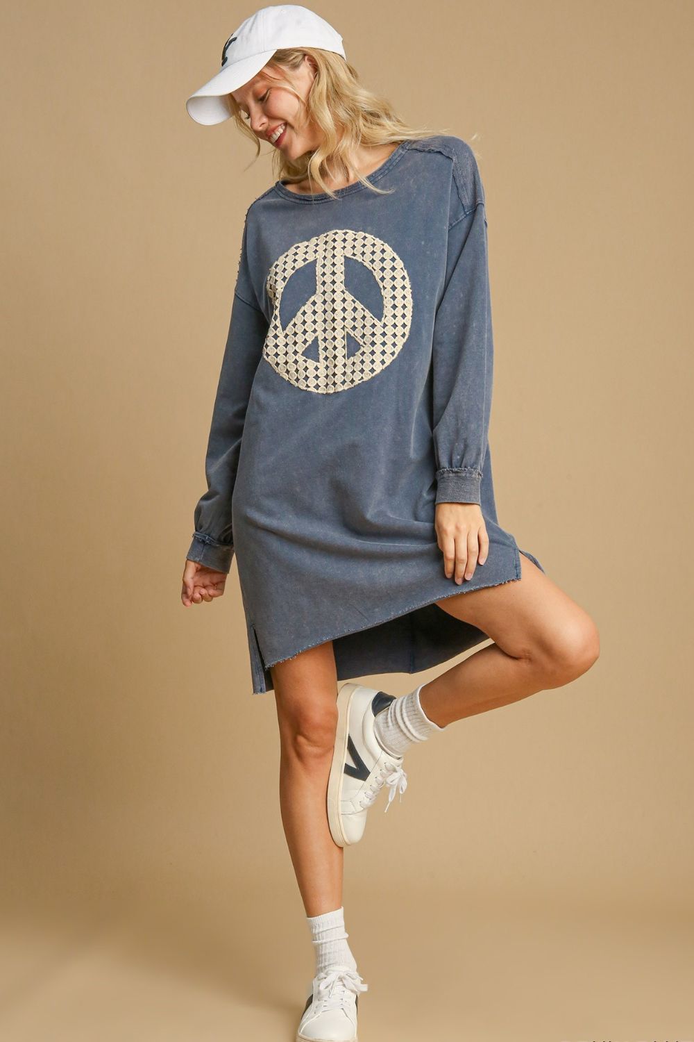 Umgee Peace Lace Applique Frayed Hem French Terry Mini Dress - Classique Collection