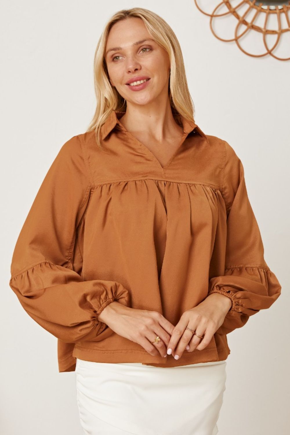Balloon Sleeve Collared Neck Blouse - Classique Collection