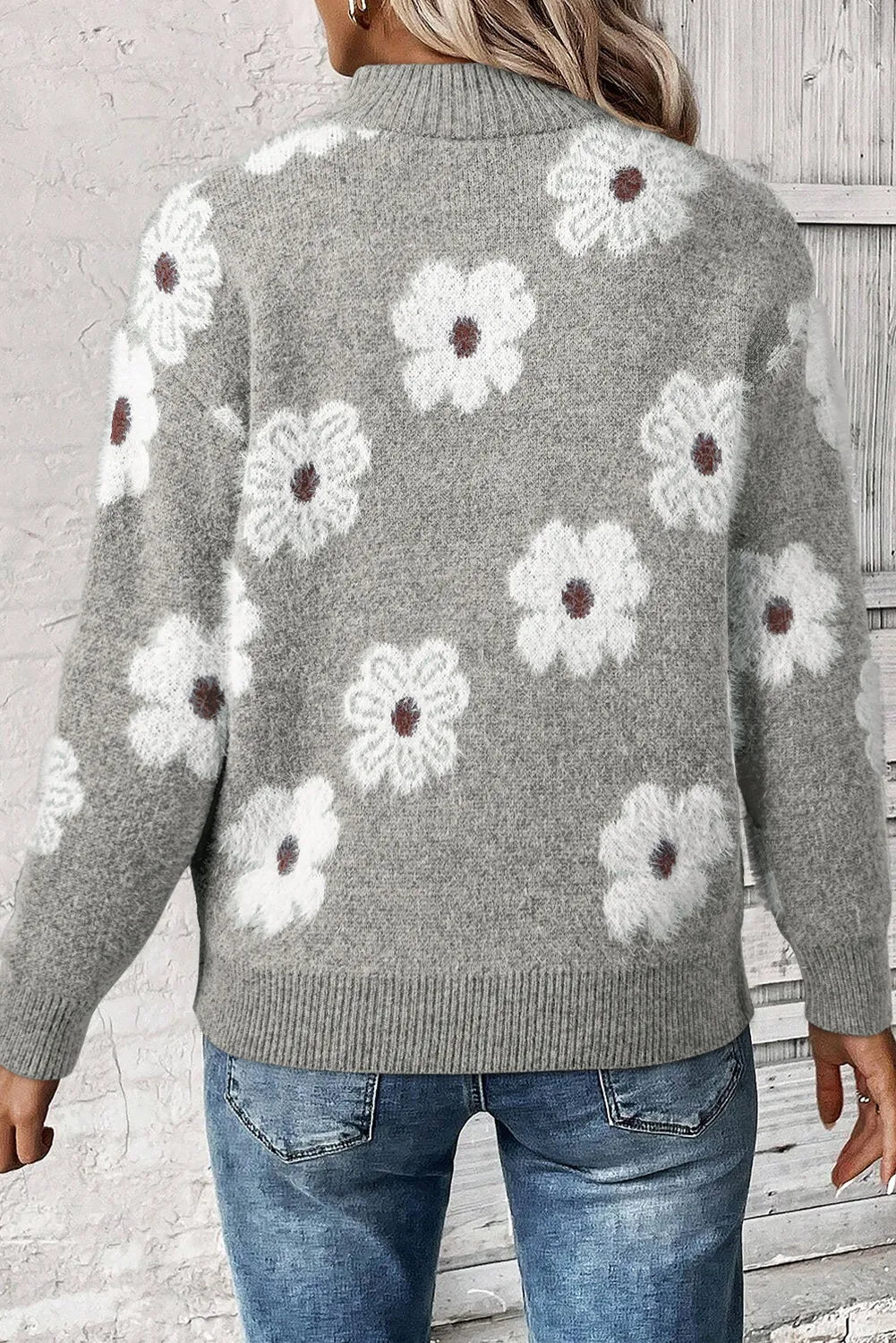 Flower Half Zip Long Sleeve Sweater - ClassiQ