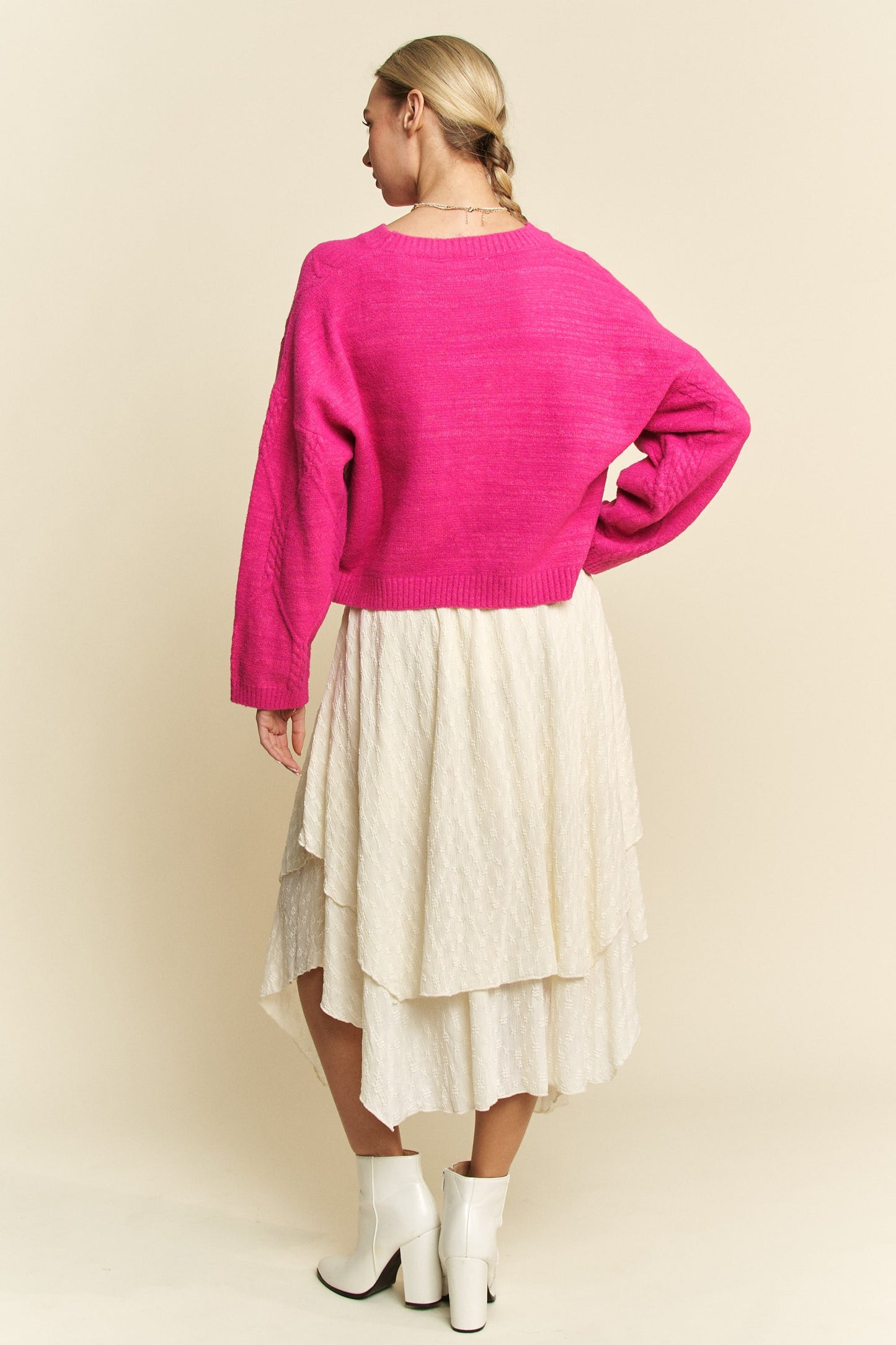 Davi & Dani Diamond Cable Pattern Drop Shoulder Sweater - Classique Collection