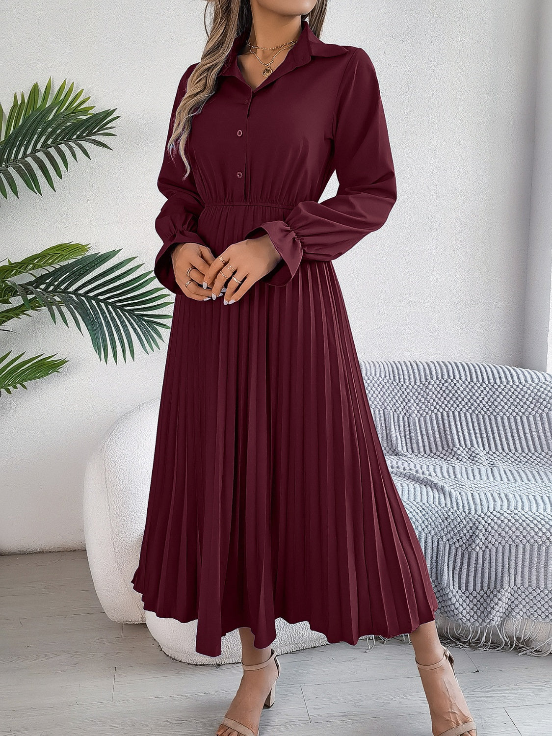 Pleated Half Button Long Sleeve Midi Dress - Classique Collection