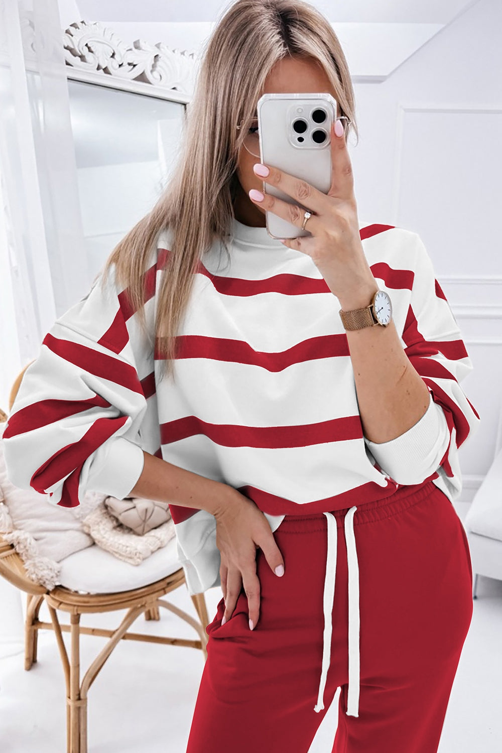 Striped Round Neck Long Sleeve Top and Pants Set - ClassiQ