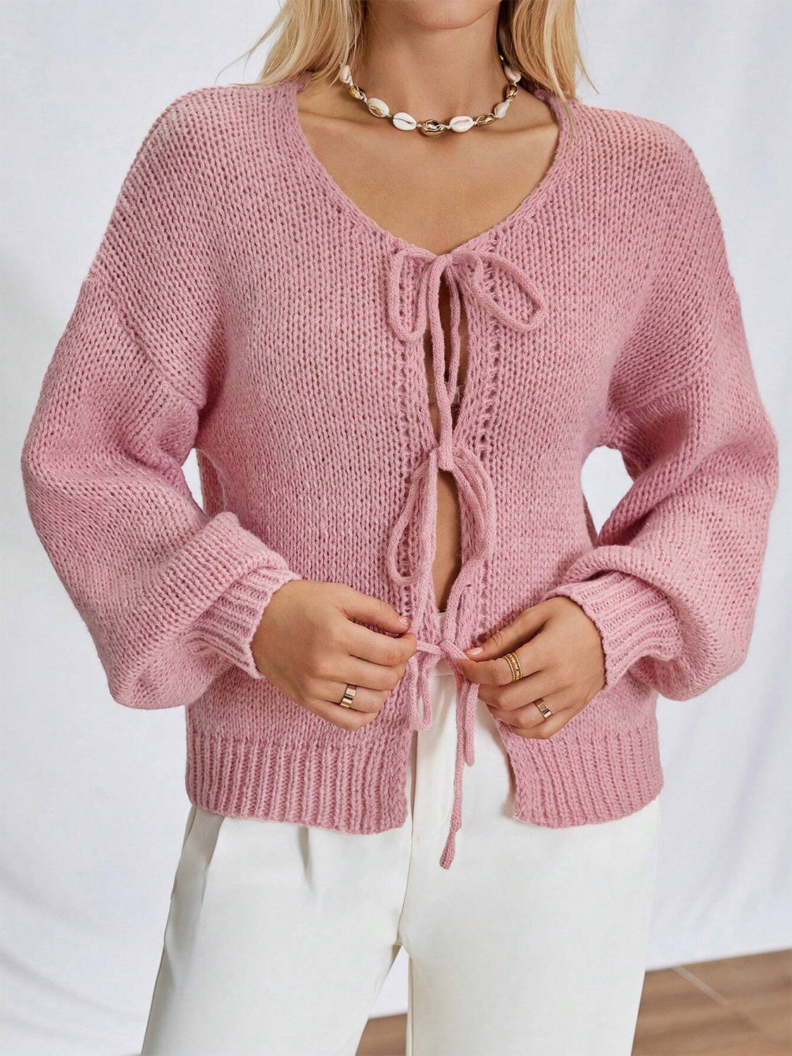 Tied Long Sleeve Dropped Shoulder Cardigan - ClassiQ