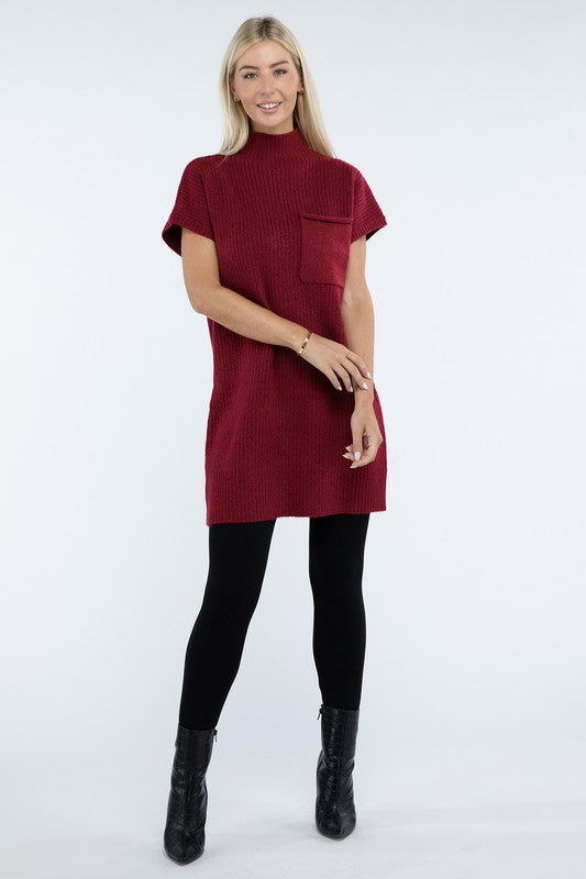 Mock Neck Short Sleeve Sweater Dress with Pocket - Classique Collection