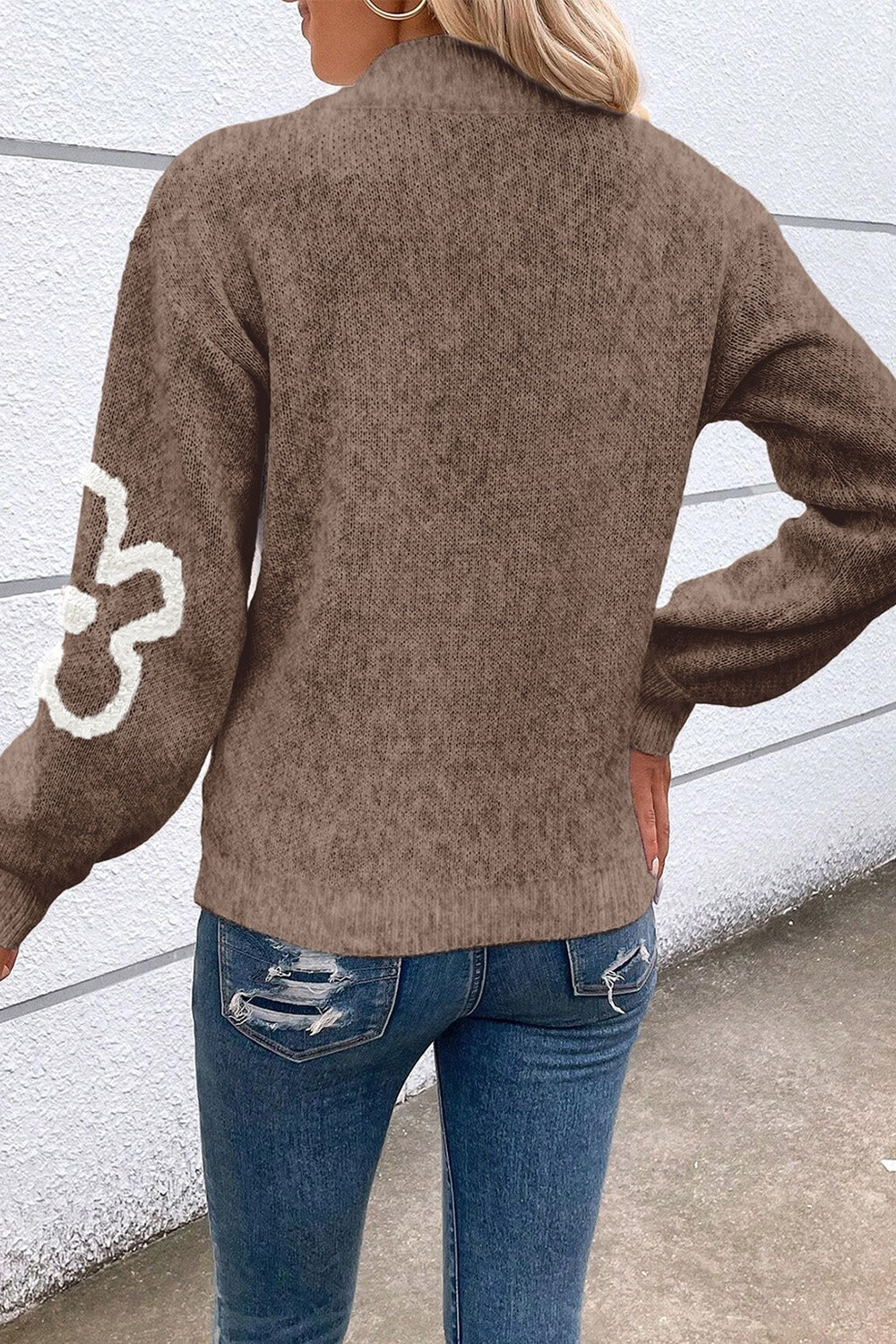 Flower Half Zip Dropped Shoulder Sweater - ClassiQ