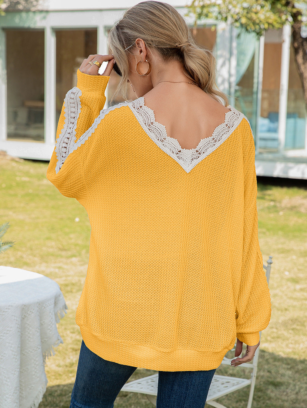 Ivy Lane Contrast Spliced Lace V-Neck Top - Classique Collection