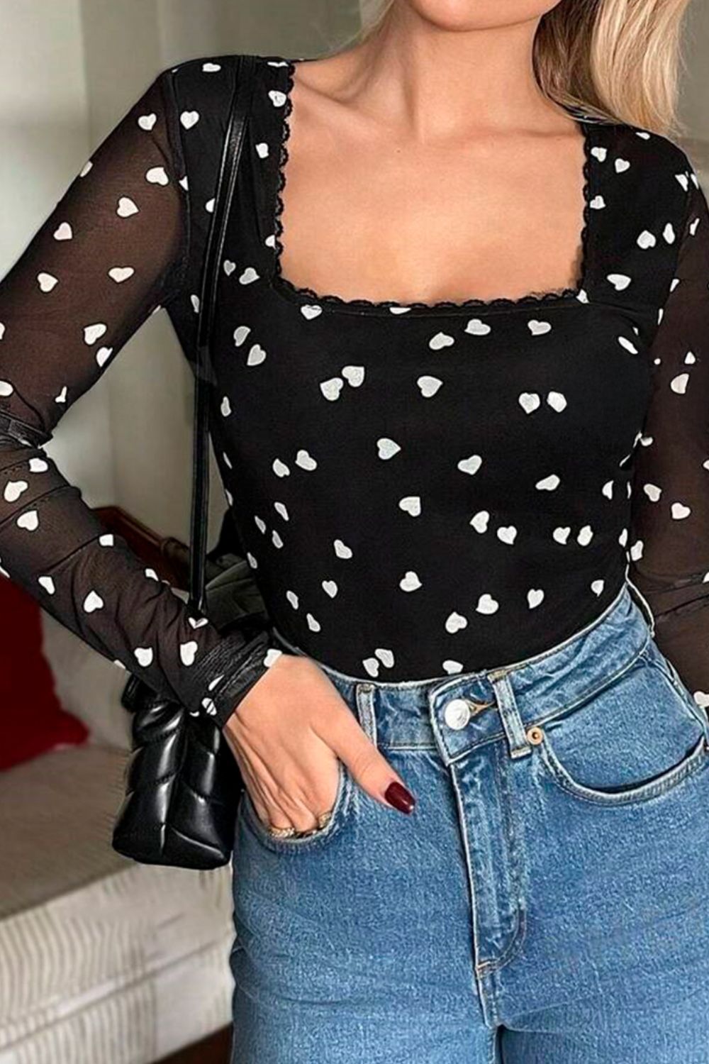 Heart Square Neck Long Sleeve Bodysuit - Classique Collection
