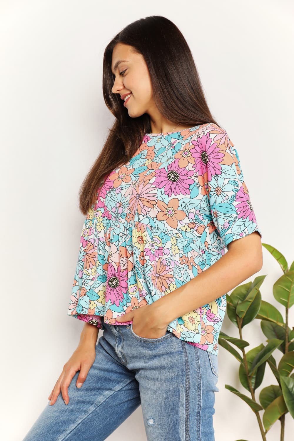 Double Take Floral Round Neck Babydoll Top - Classique Collection