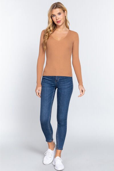 ACTIVE BASIC V - Neck Fitted Viscose Rib Knit Top