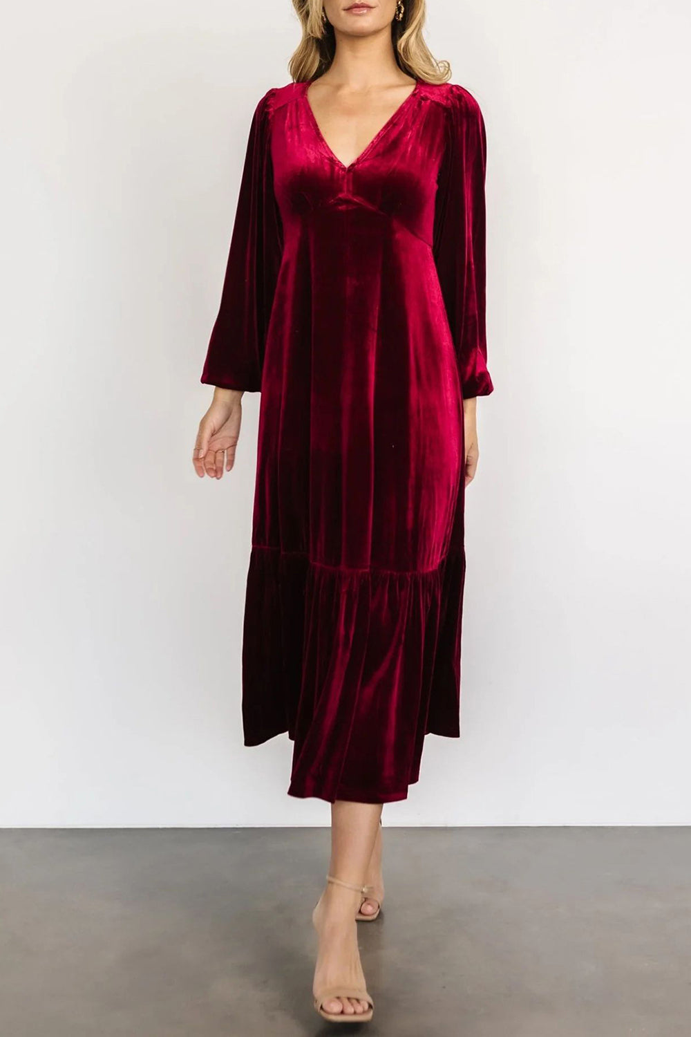 V-Neck Long Sleeve Midi Velvet Dress - Classique Collection