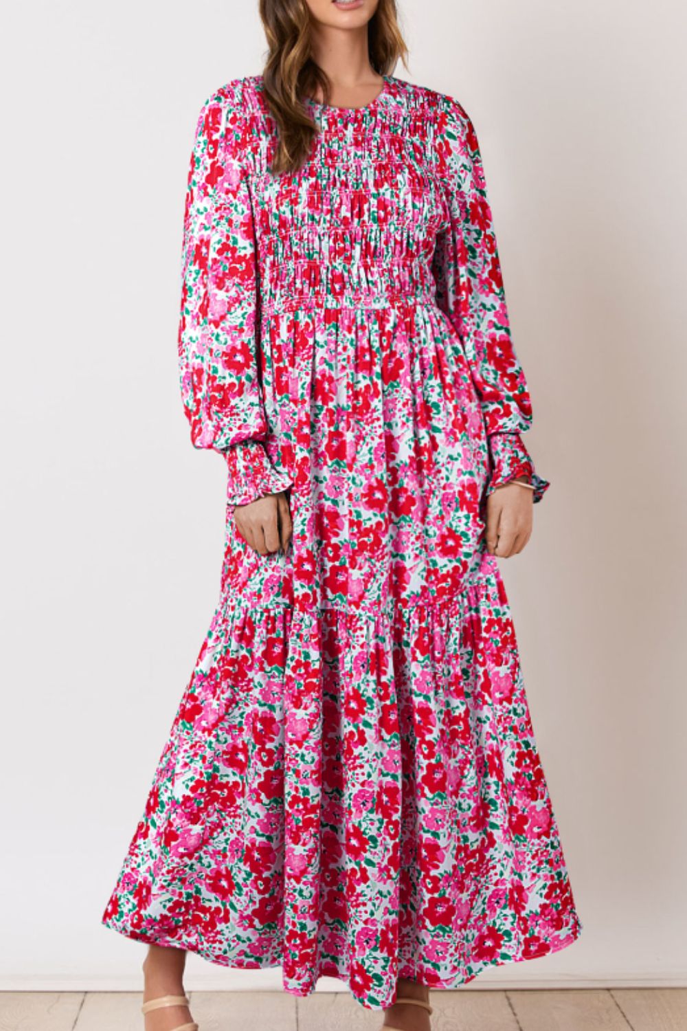 Printed Round Neck Lantern Sleeve Maxi Dress - Classique Collection
