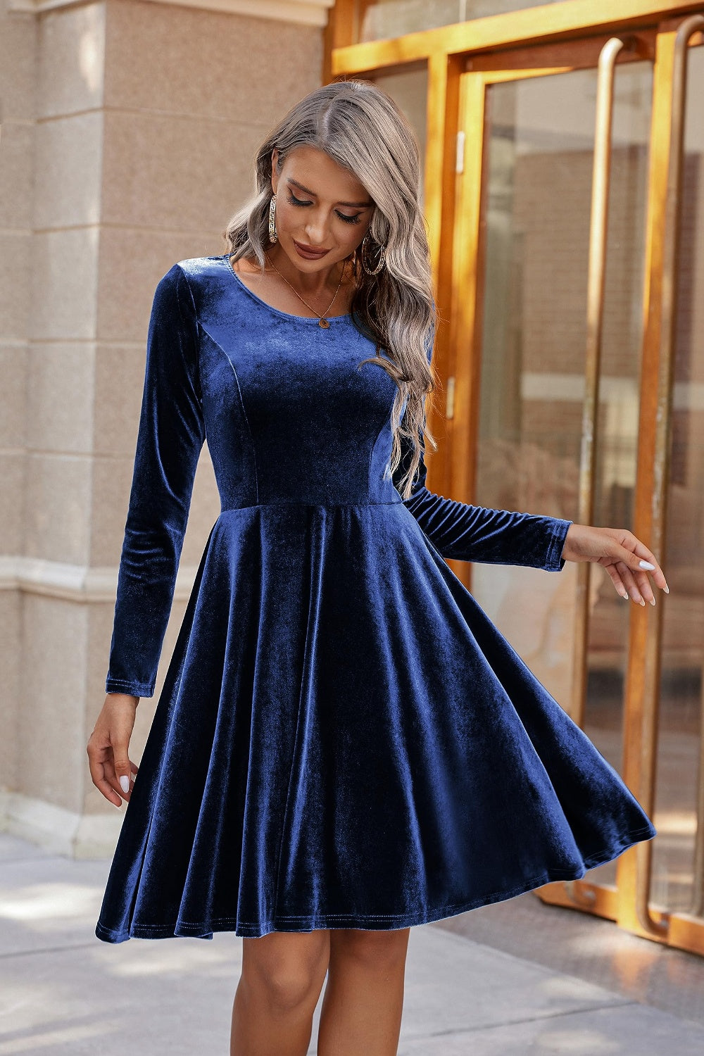 Round Neck Long Sleeve Knee Length Dress - Classique Collection