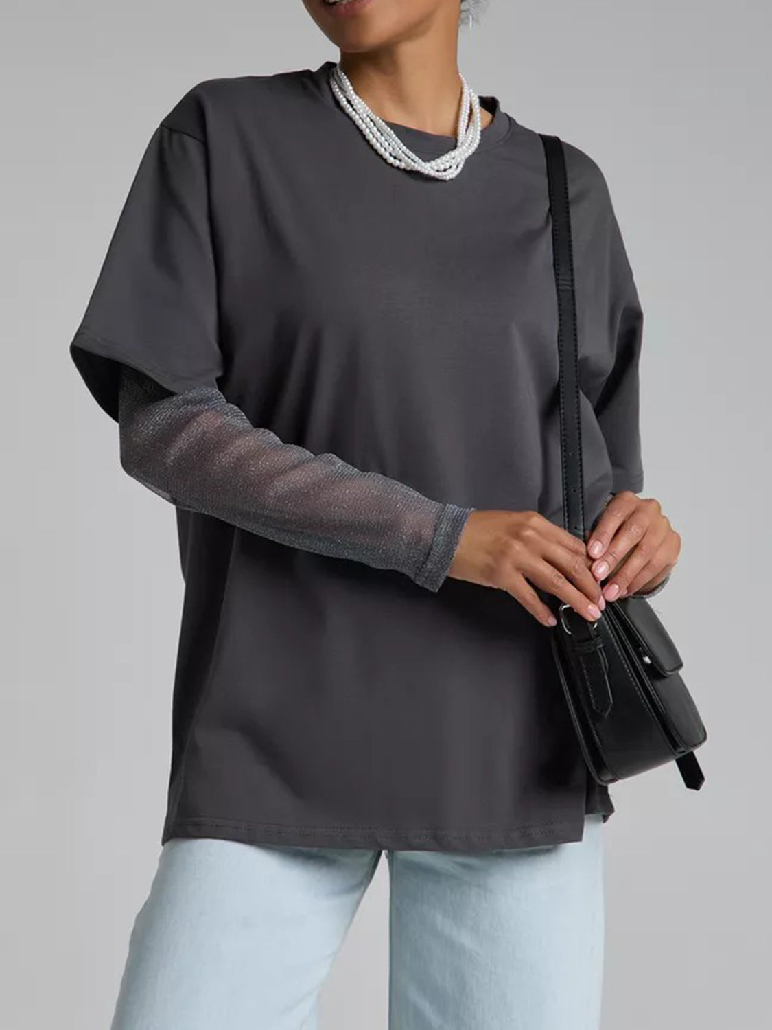 Faux Layered Round Neck Mesh Sleeve Top - Classique Collection