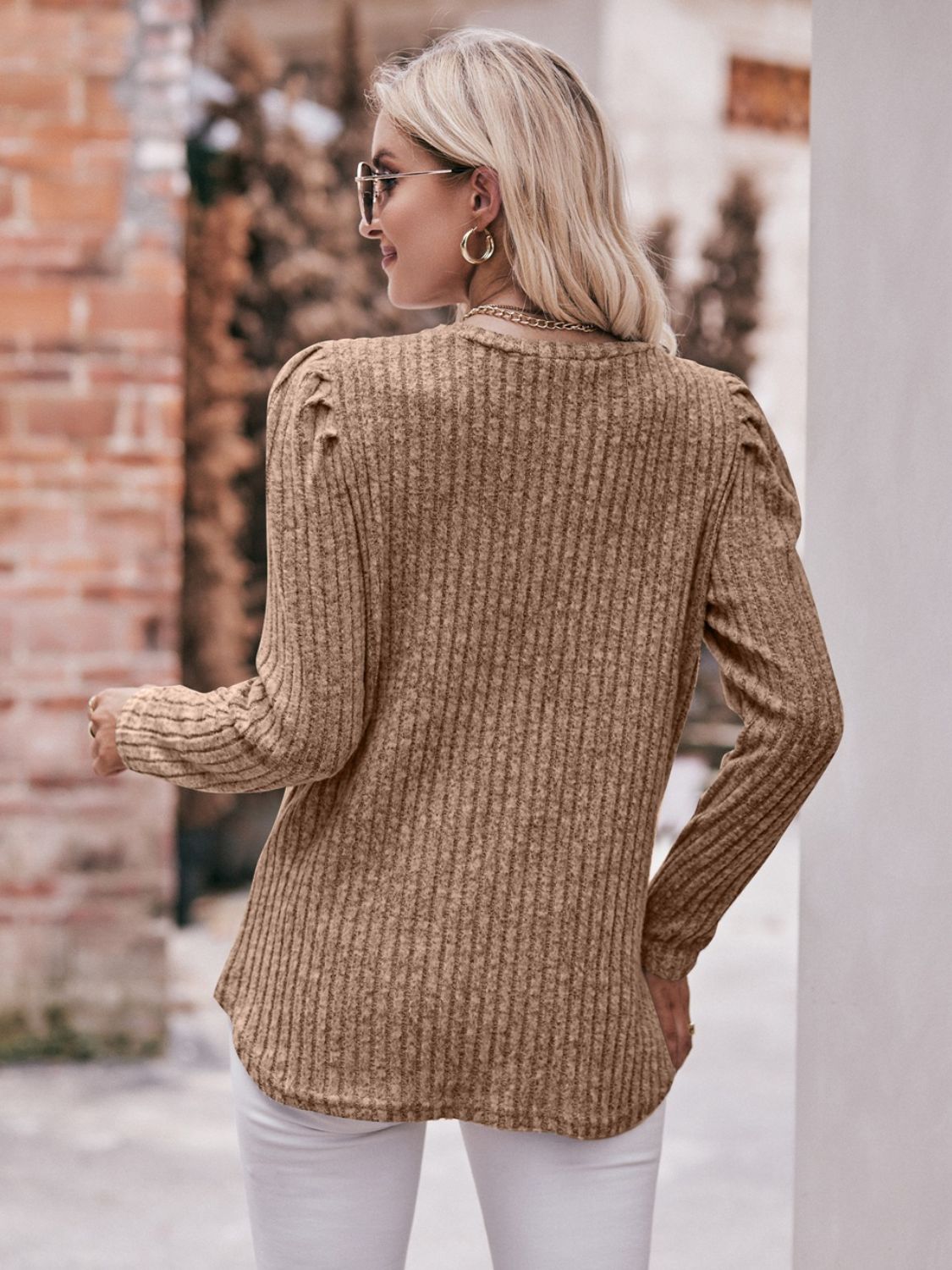 Mandy Round Neck Puff Sleeve Ribbed Top - Classique Collection