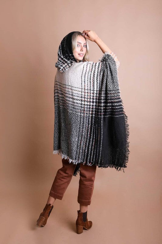 Herringbone Tweed Hooded Frayed Edge Poncho - Classique Collection