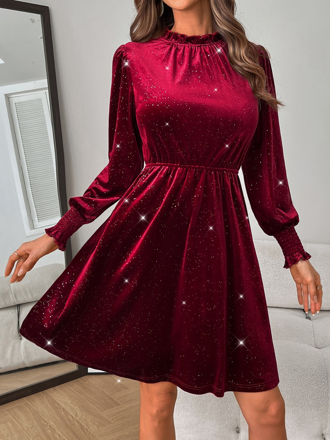 Glitter Mock Neck Long Sleeve Mini Dress - Classique Collection