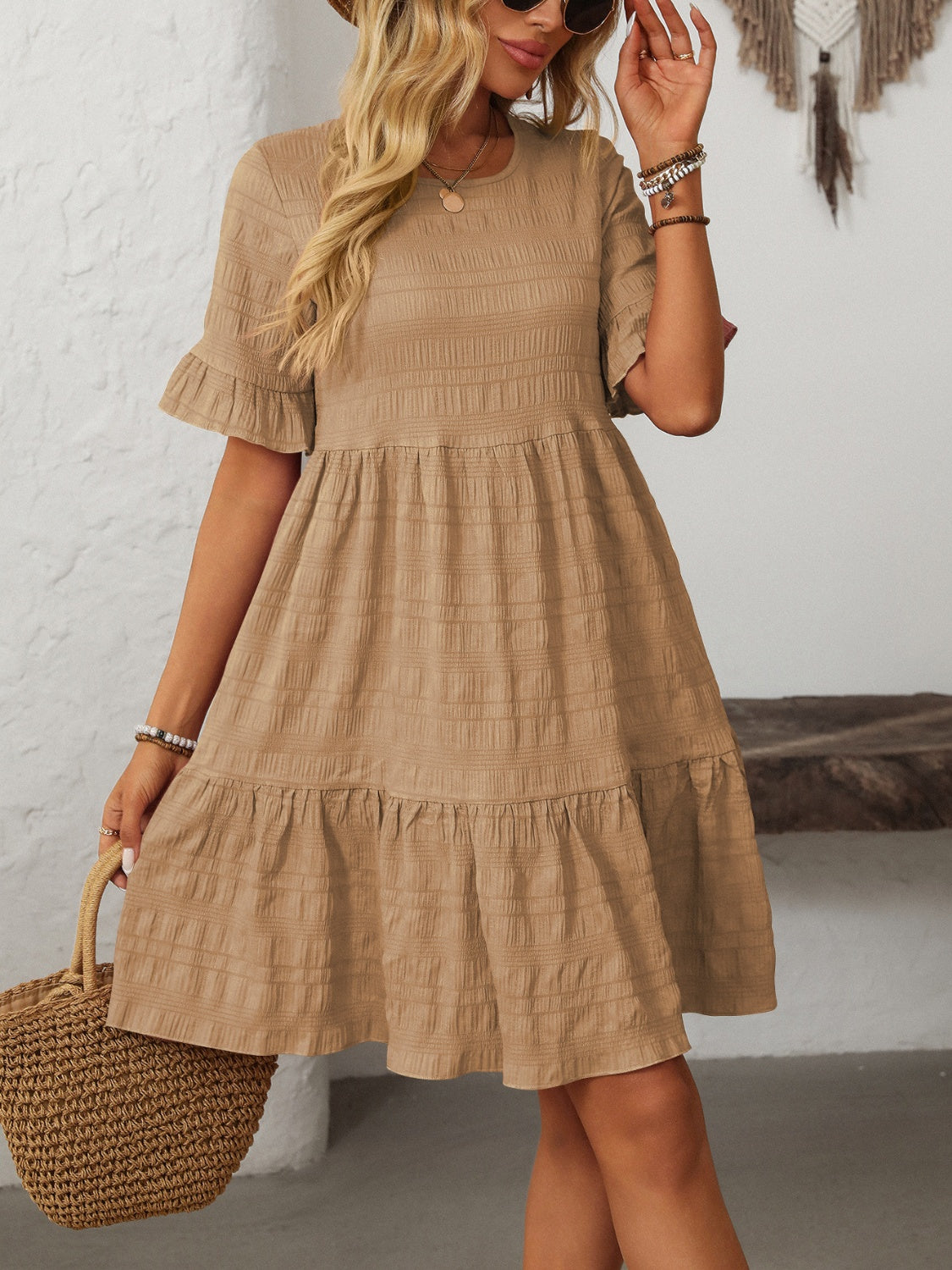 Mandy Ruffled Ruched Round Neck Half Sleeve Dress - Classique Collection