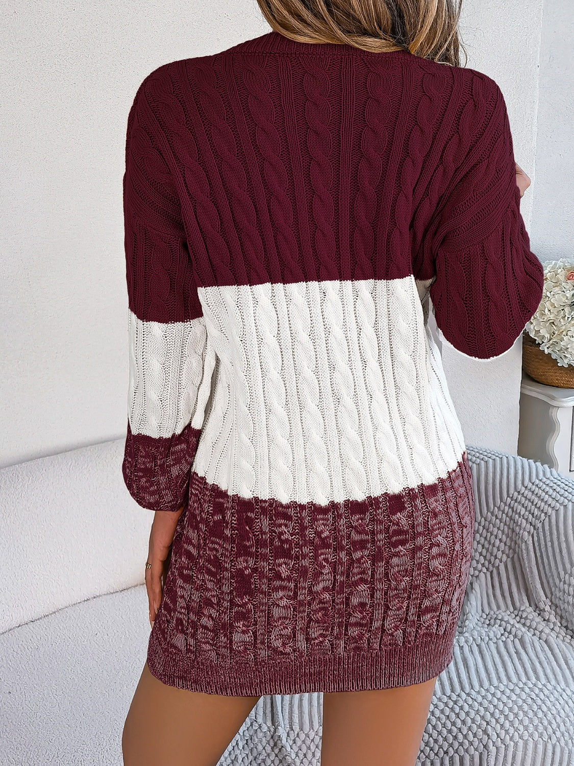 Cable-Knit Round Neck Color Block Sweater Dress - Classique Collection